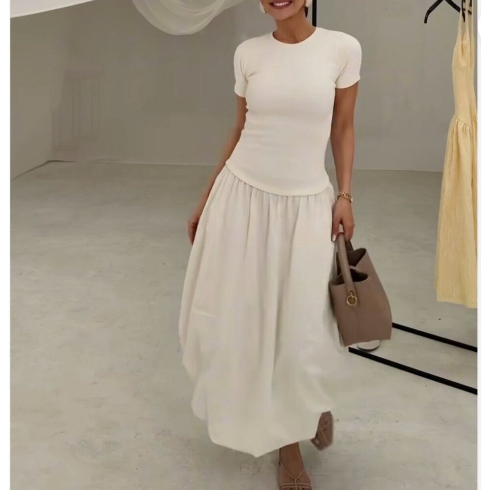 ZARA NEW WOMAN LONG BALLOON COMBINATION DRESS ECRU White M L